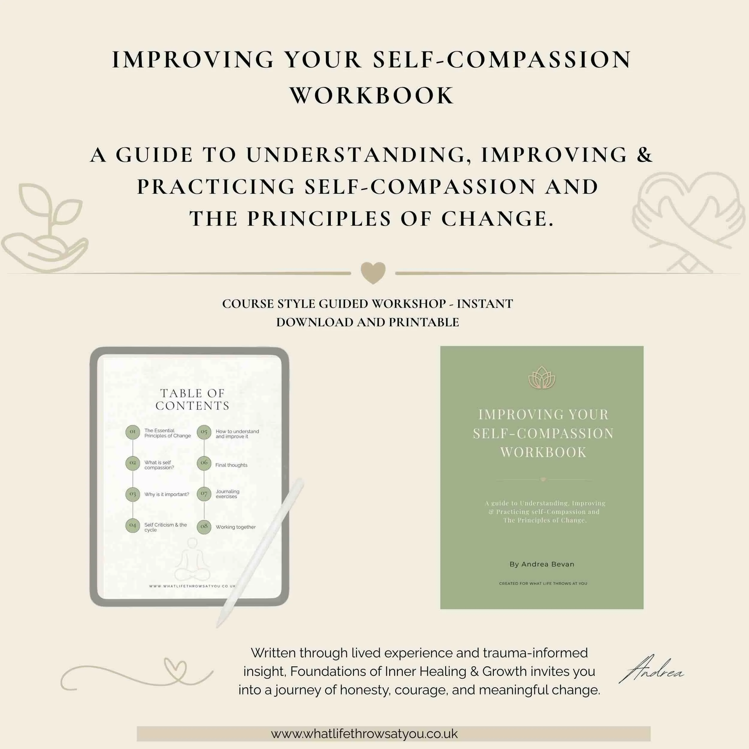 Self compassion digital download workbook front cover and contents.jpeg