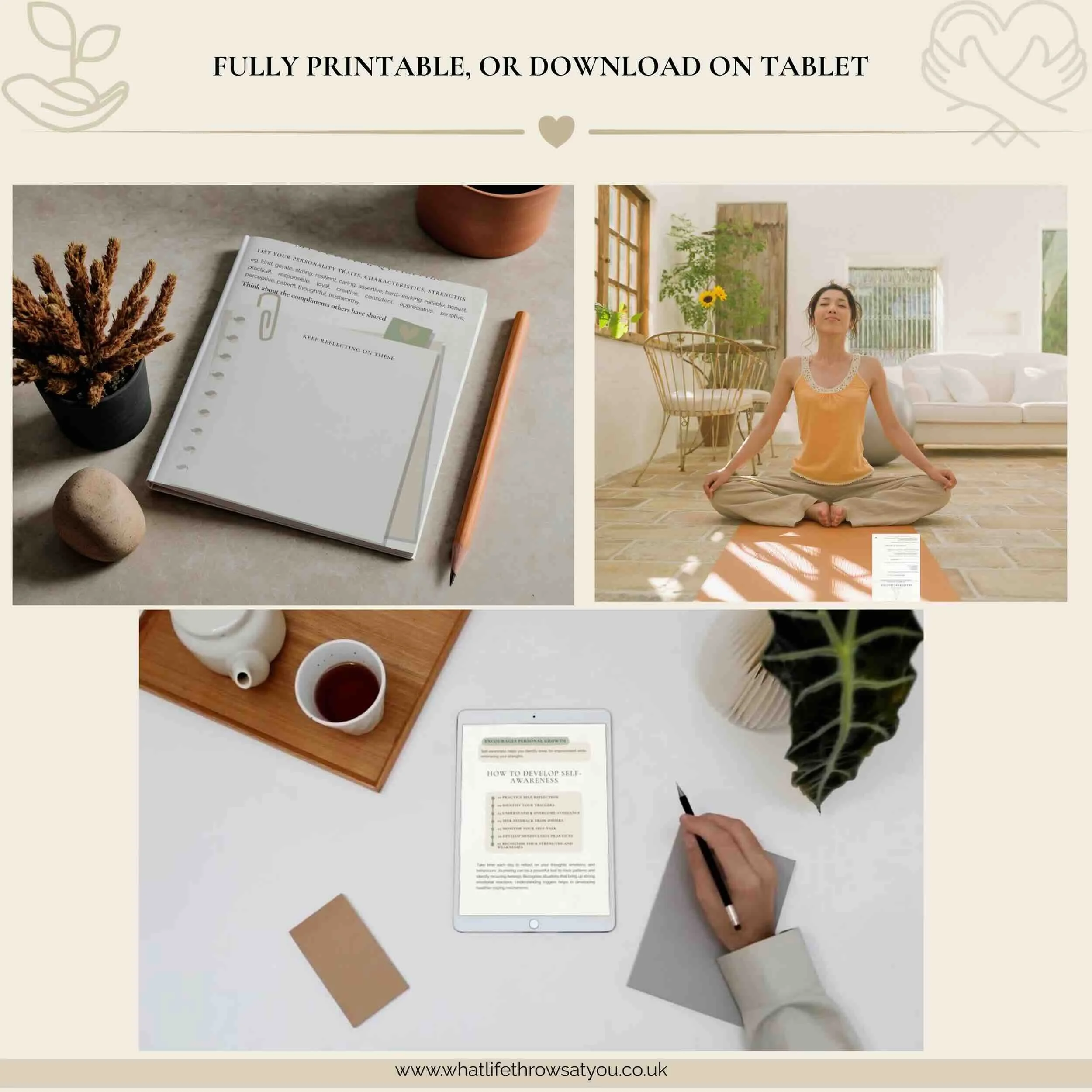 Lifestyle Image showing the digital workbook for self awareness on a table phone and printed