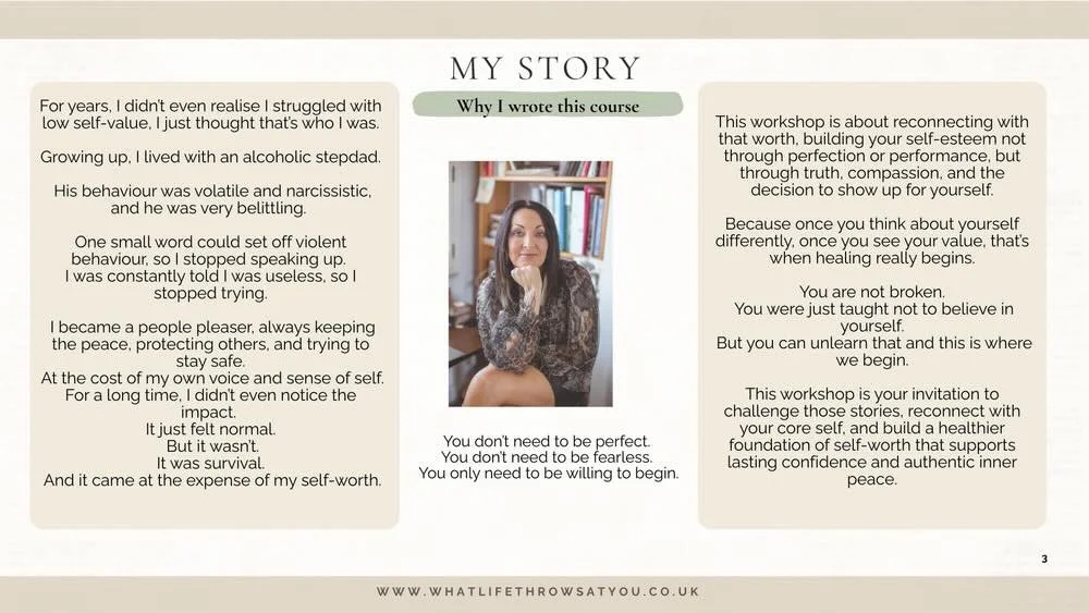 The author page detailing her story, journey and why she wrote the course a photo of the author is also on the page