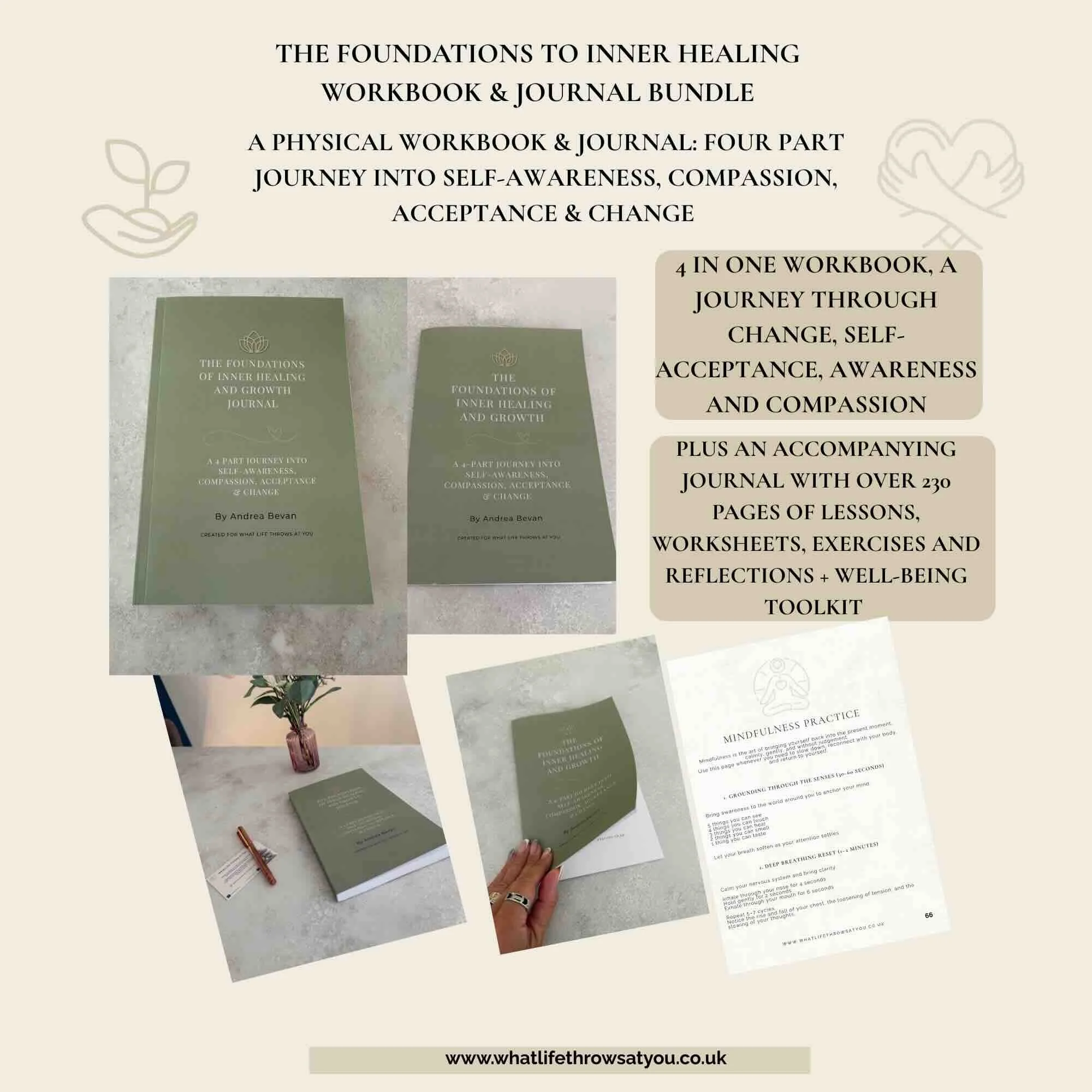 Slide photo of pictures of a workbook and journal for self compassion awareness and acceptance showing front cover and inner pages.jpeg