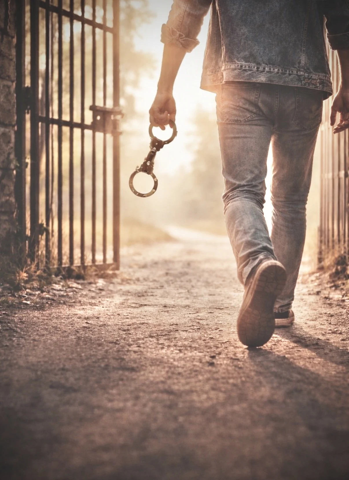 photo of a man walking through gates holding handcuffs in hand towards a bright light