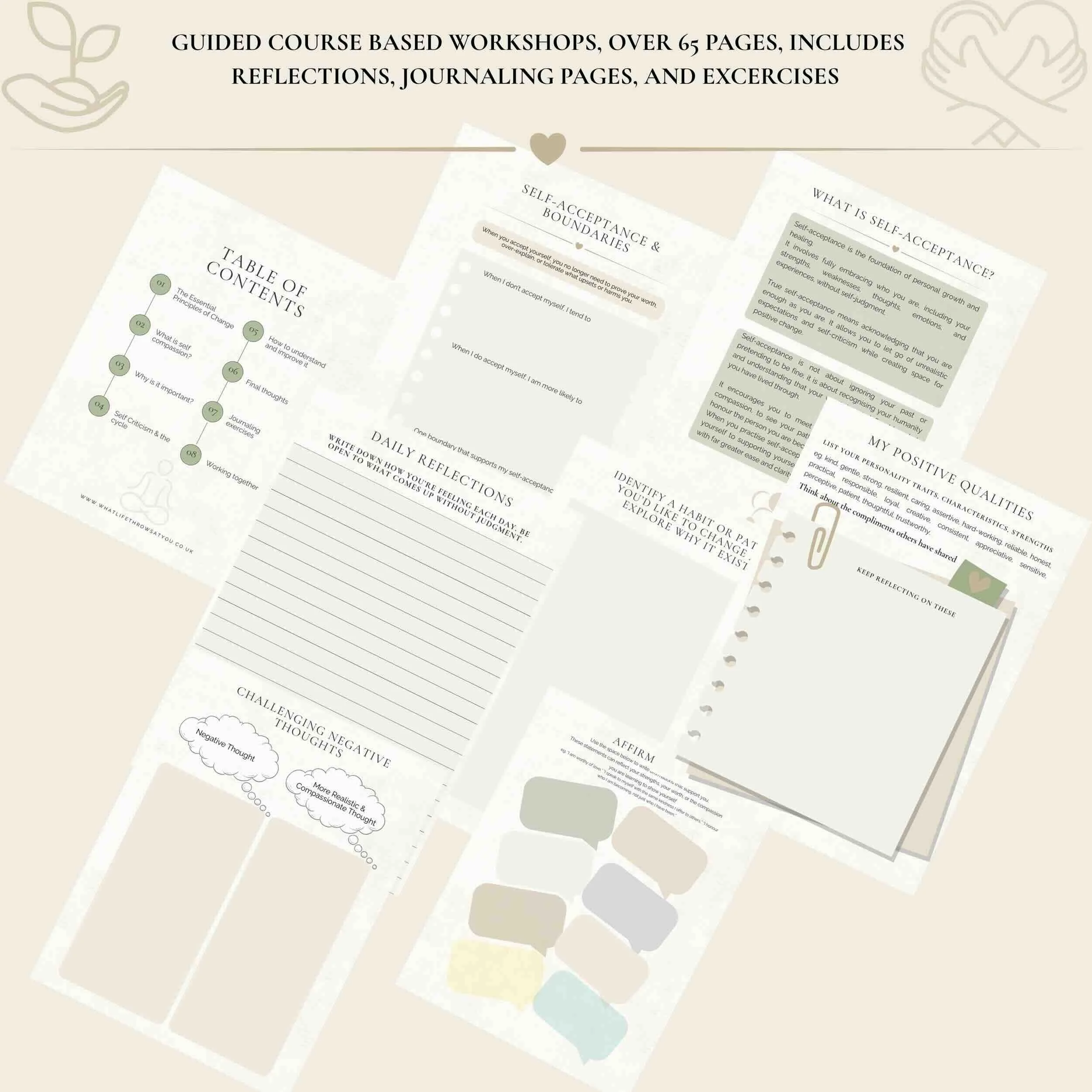 photo of example pages of Self acceptance digital workbook