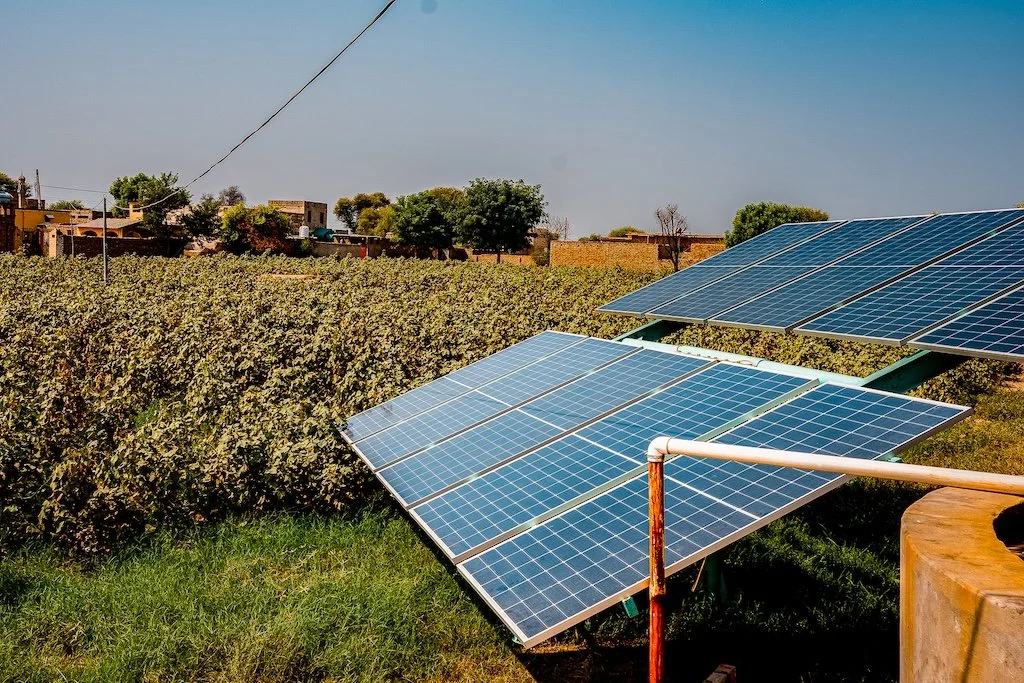 Solar panel in front of a cotton farm for ACE Cotton
