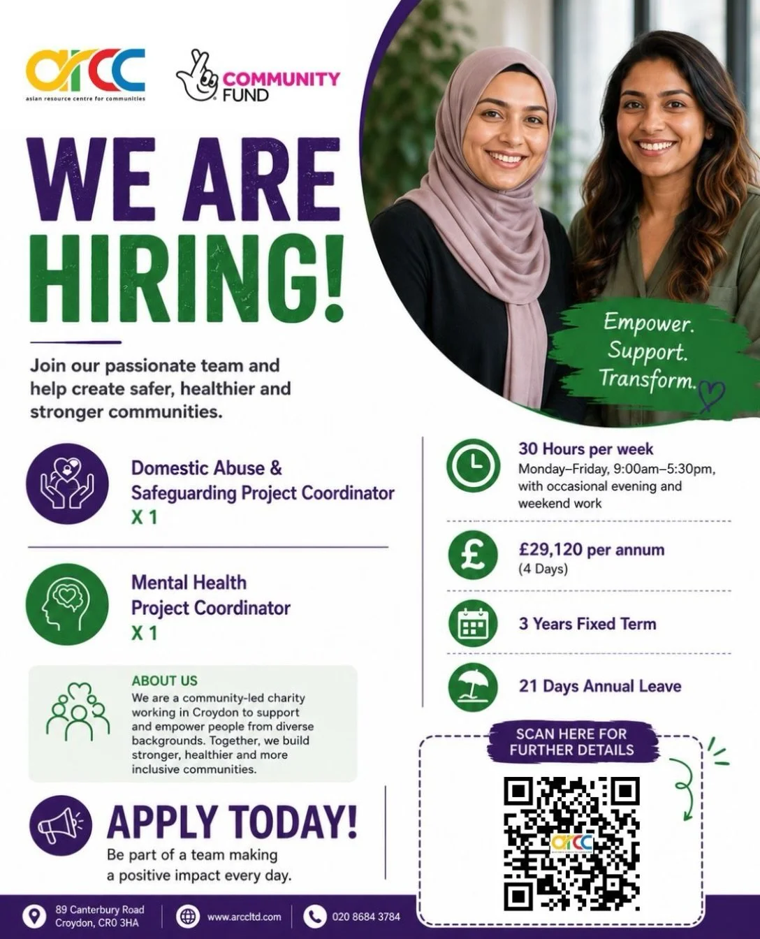 We Are Hiring 📢

Join our passionate team and help create safer, healthier and stronger communities. 💚

ARCC is a community-led charity working to support and empower people from diverse backgrounds. Together, we build stronger, healthier and more 