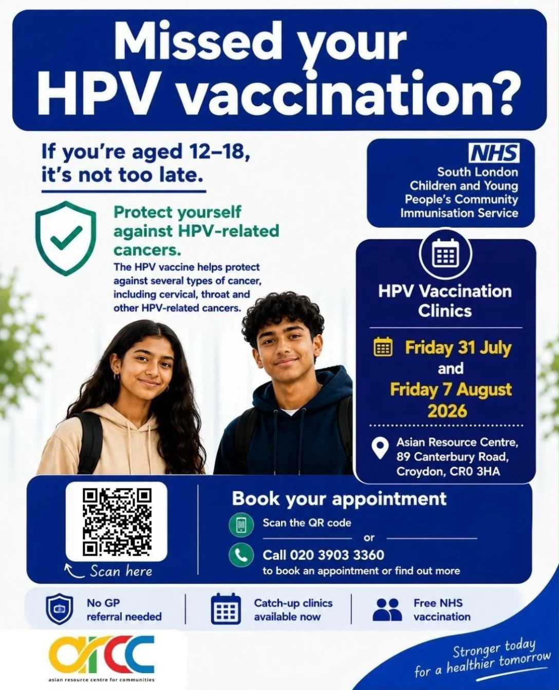 Missed your HPV vaccination?

Protect yourself against HPV-related cancers❗️

The HPV vaccine helps protect against several types of cancer, including cervical, throat and other HPV-related cancers.

HPV Vaccination Clinics

🗓️ 31st July &amp; 7th A