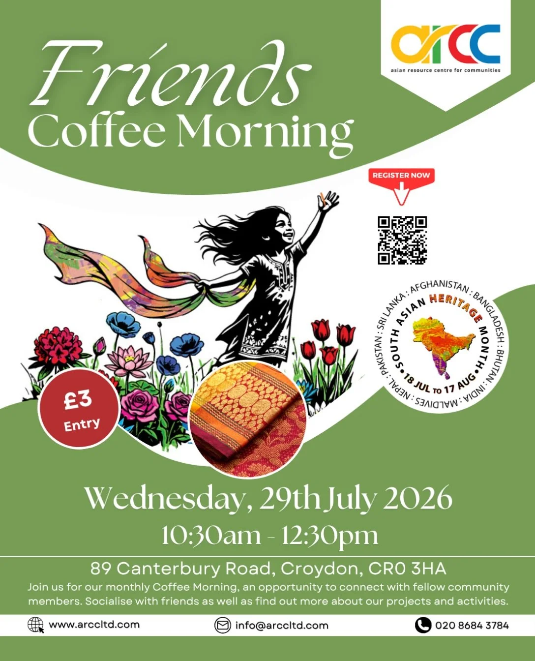 🌏 Friends Coffee Morning 🌺
✨ Celebrating South Asian Heritage Month ✨

Join us for our monthly Friends Coffee Morning as we celebrate the rich cultures, traditions and heritage of South Asia in a warm, friendly and welcoming environment. 💛

☕ Refr