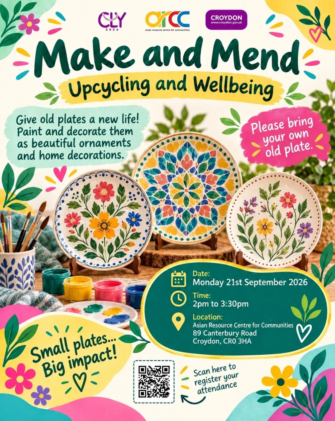 🎨 Make and Mend &ndash; Upcycling and Wellbeing ♻️

Give an old plate a new life by turning it into a beautiful ornament or decoration! 🖌️🍽️✨

Join us for a fun, friendly and creative session where we&rsquo;ll paint and decorate old plates with co