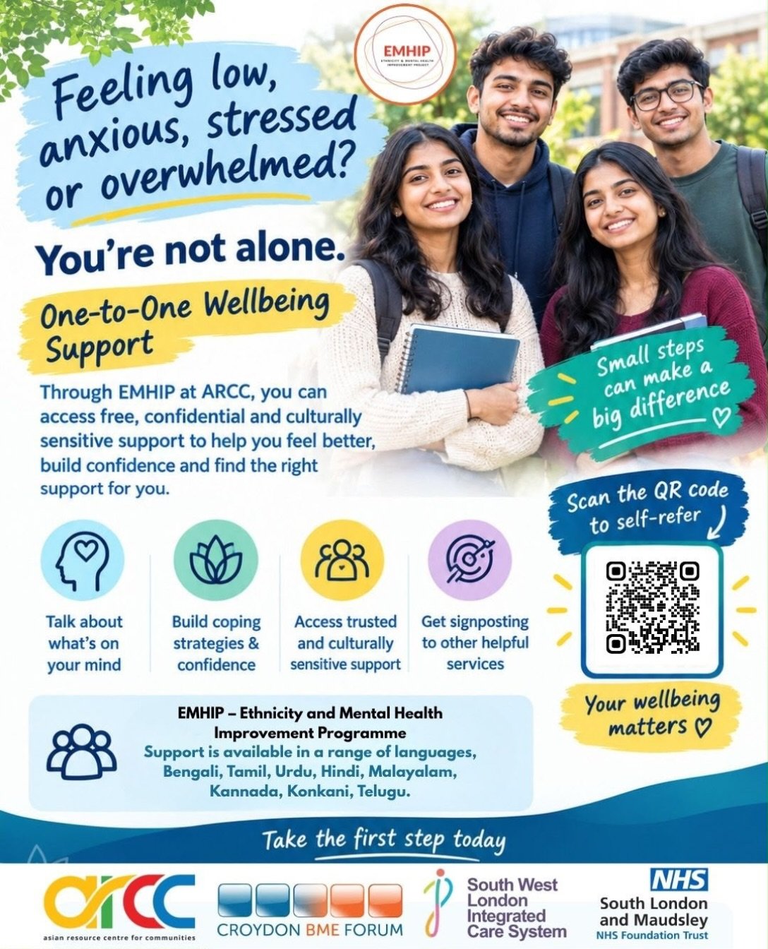 Your wellbeing matters. You don&rsquo;t have to face things alone🌿

Are you feeling low, anxious, stressed or overwhelmed? EMHIP (Ethnicity and Mental Health Improvement Programme) at ARCC offers free, confidential and culturally sensitive one-to-on