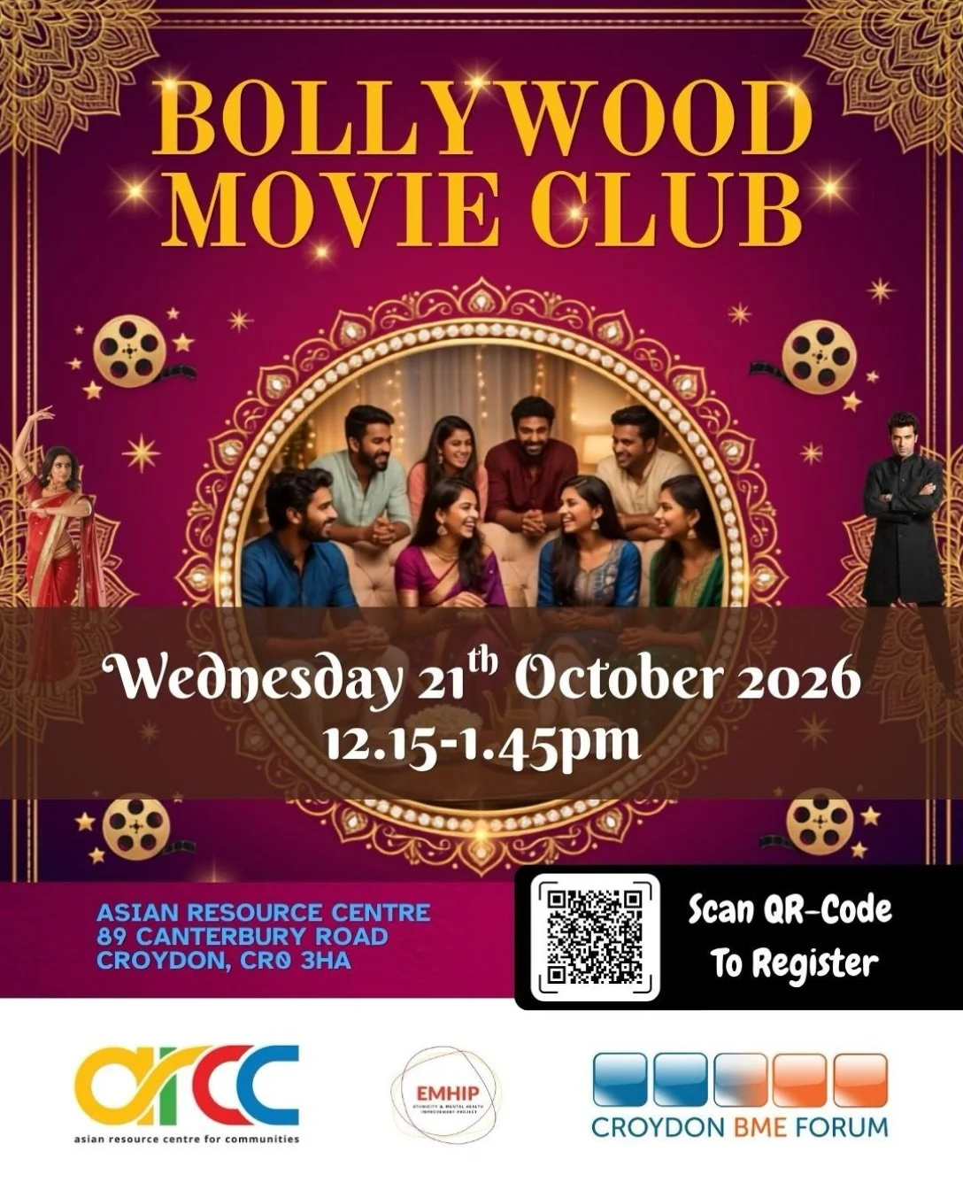 Bollywood Movie Club🍿

AS PART OF ETHNIC MENTAL HEALTH IMPROVEMENT PROGRAMME

Join us for a relaxed and supportive discussion where we explore feel-good films, personal favourites and the emotions they bring.

🗓️ Wednesday, 21st October 2026
🕕 12.
