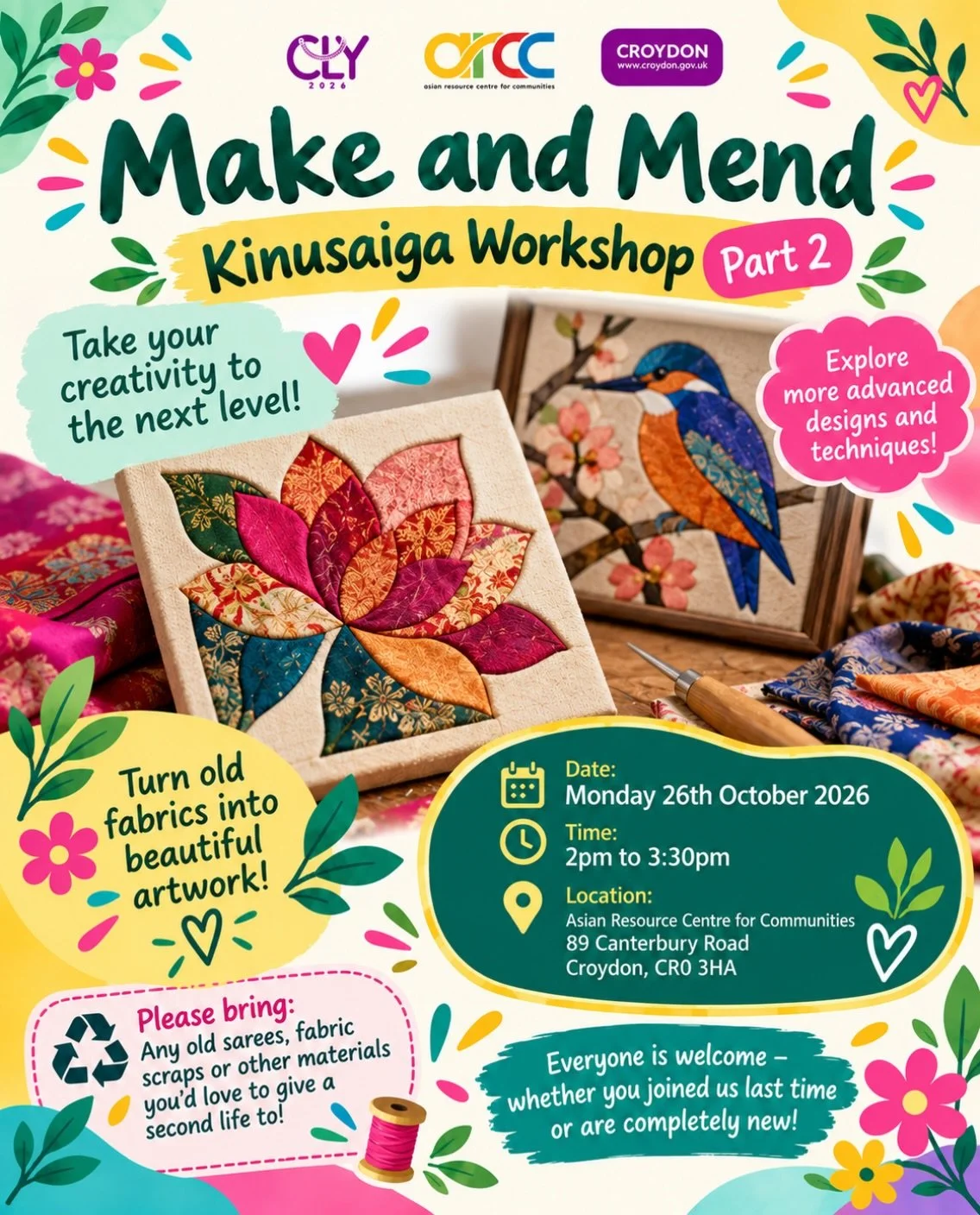 🎨 Make and Mend &ndash; Kinusaiga and Wellbeing (Part 2) ♻️✨

Take your creativity to the next level and give old fabrics a new life! 🌸🧵

Join us for another fun, friendly and relaxing session exploring Kinusaiga, the Japanese art of creating colo