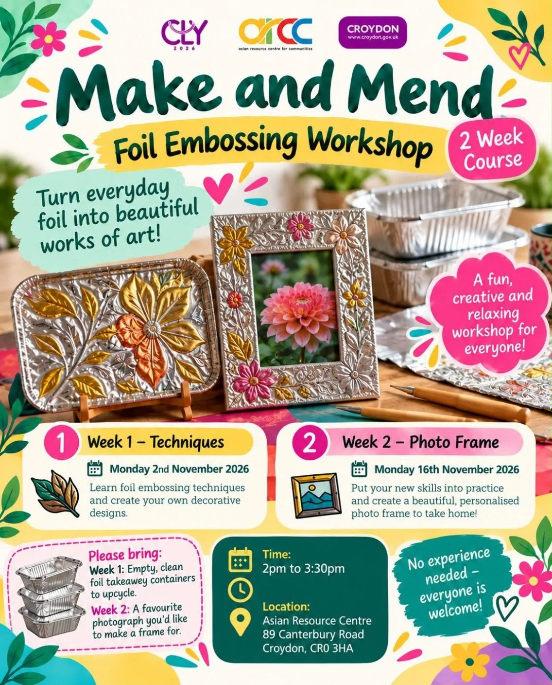 🎨 Make and Mend &ndash; Foil Embossing &amp; Wellbeing ♻️✨

Turn everyday foil into beautiful works of art! 🌸🖼️

Join us for a fun, friendly and relaxing creative session exploring foil embossing &ndash; a simple technique that transforms ordinary