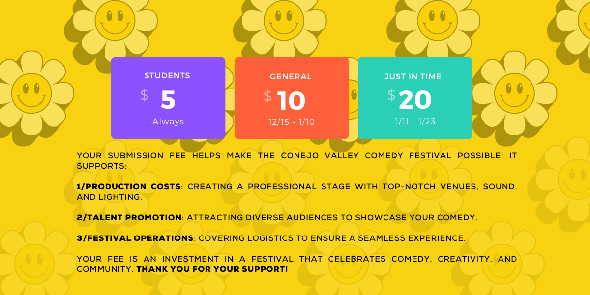 Colorful flyer for Conejo Valley Comedy Festival with ticket prices, dates, and support information, featuring a yellow background with smiley face flowers.