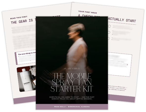Guide for the The Salty Spray Mobile Spray Tan Starter Kit, featuring a blurred image of a woman, with additional pages showing written content and spray tan product bottles.