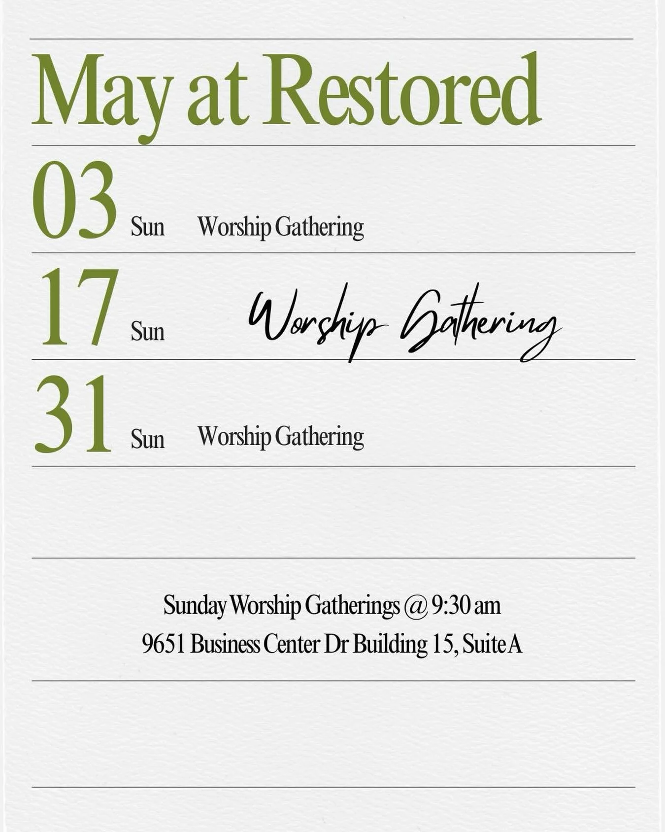 As we look forward to May together don&rsquo;t forget to lock in these Sunday Gathering dates! 📆🔐 

We are excited, and expectant to see what God has for us as we continue to seek our King Jesus together in community 👑🙏🏽

#inlandempire #christia