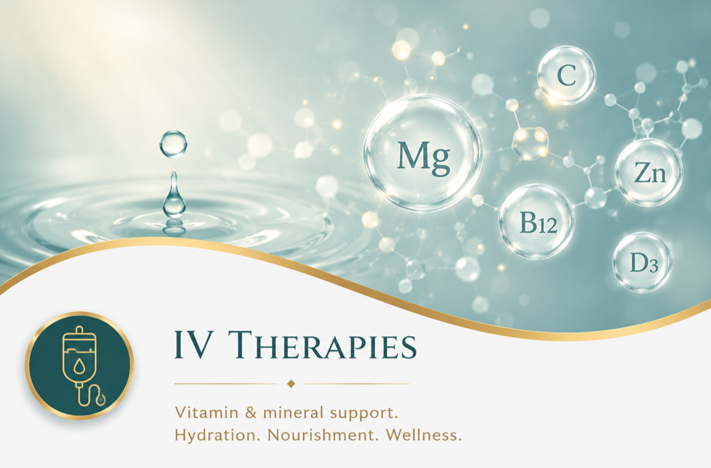 Graphic of floating vitamin and mineral bubbles with chemical symbols, featuring IV Therapies and hydration, wellness, and nourishment support.