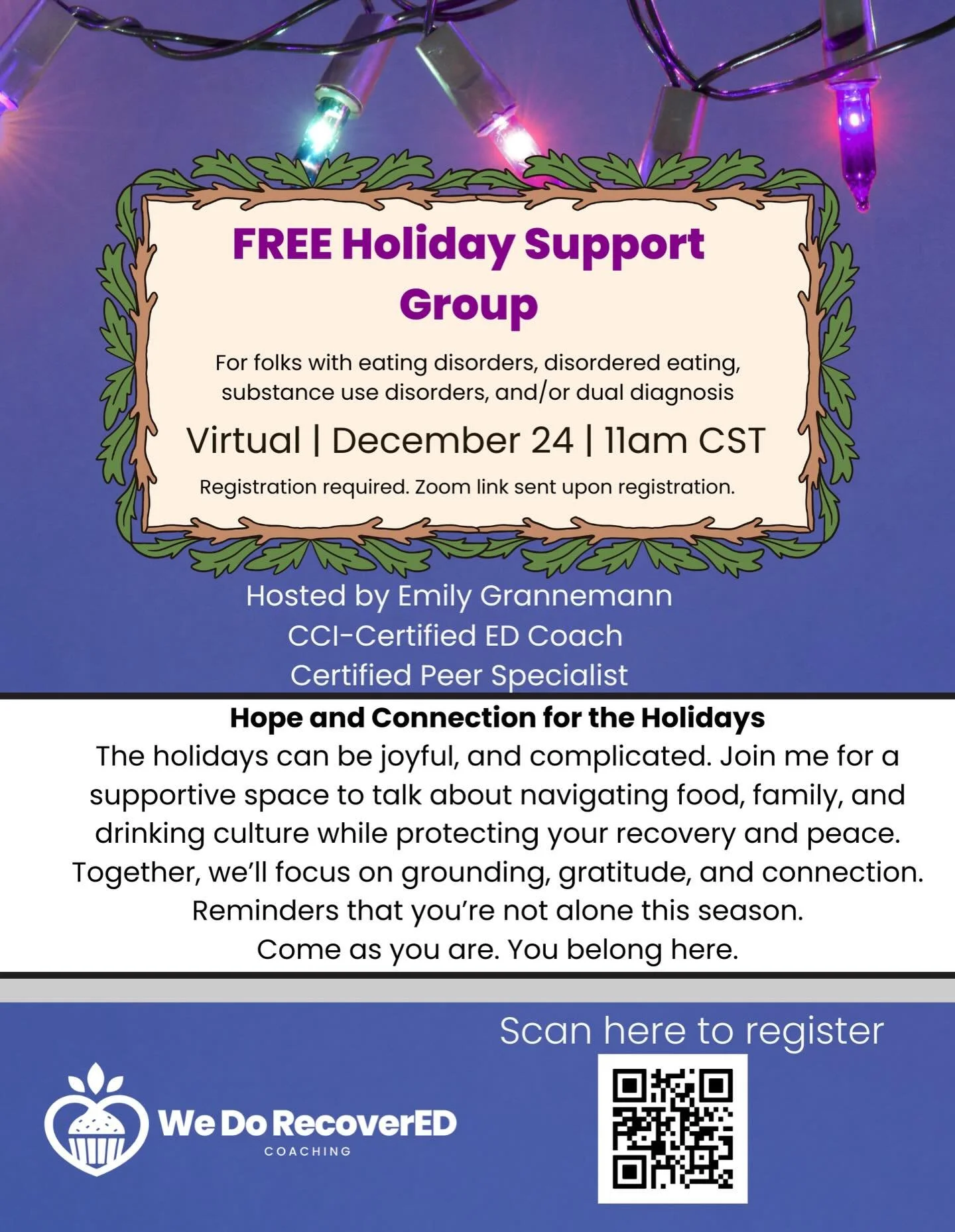 Reposting as the date was wrong. Support group really is Christmas Eve! But anyone who celebrates any holiday can join! 

🎄 FREE Holiday Support Group
For folks navigating eating disorders, disordered eating, substance use, and dual diagnosis during