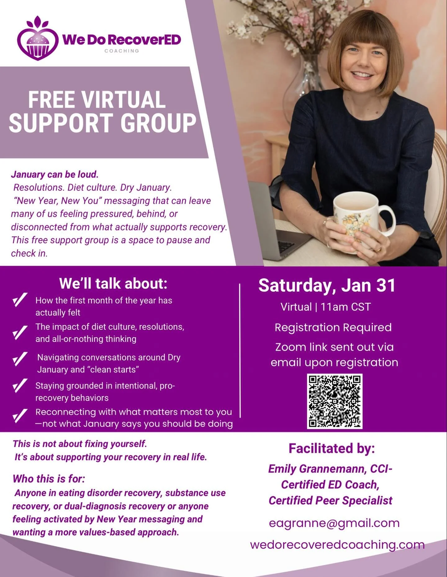 This Saturday! Join me! You don&rsquo;t need an ED diagnosis to join. Anyone affected by feelings about the new year is welcome. 

Free, but please register. Link to register on website: wedorecoveredcoaching.com