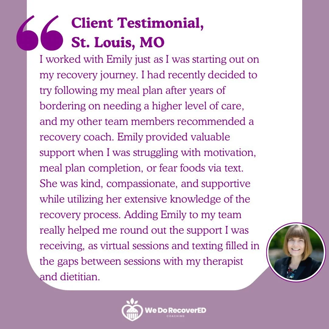 New testimonial!

&ldquo;Virtual sessions and texting filled in the gaps between sessions with my therapist and dietitian.&rdquo;

This is exactly why I do this work - support in the real-life, in-between moments.

So much of recovery doesn&rsquo;t h