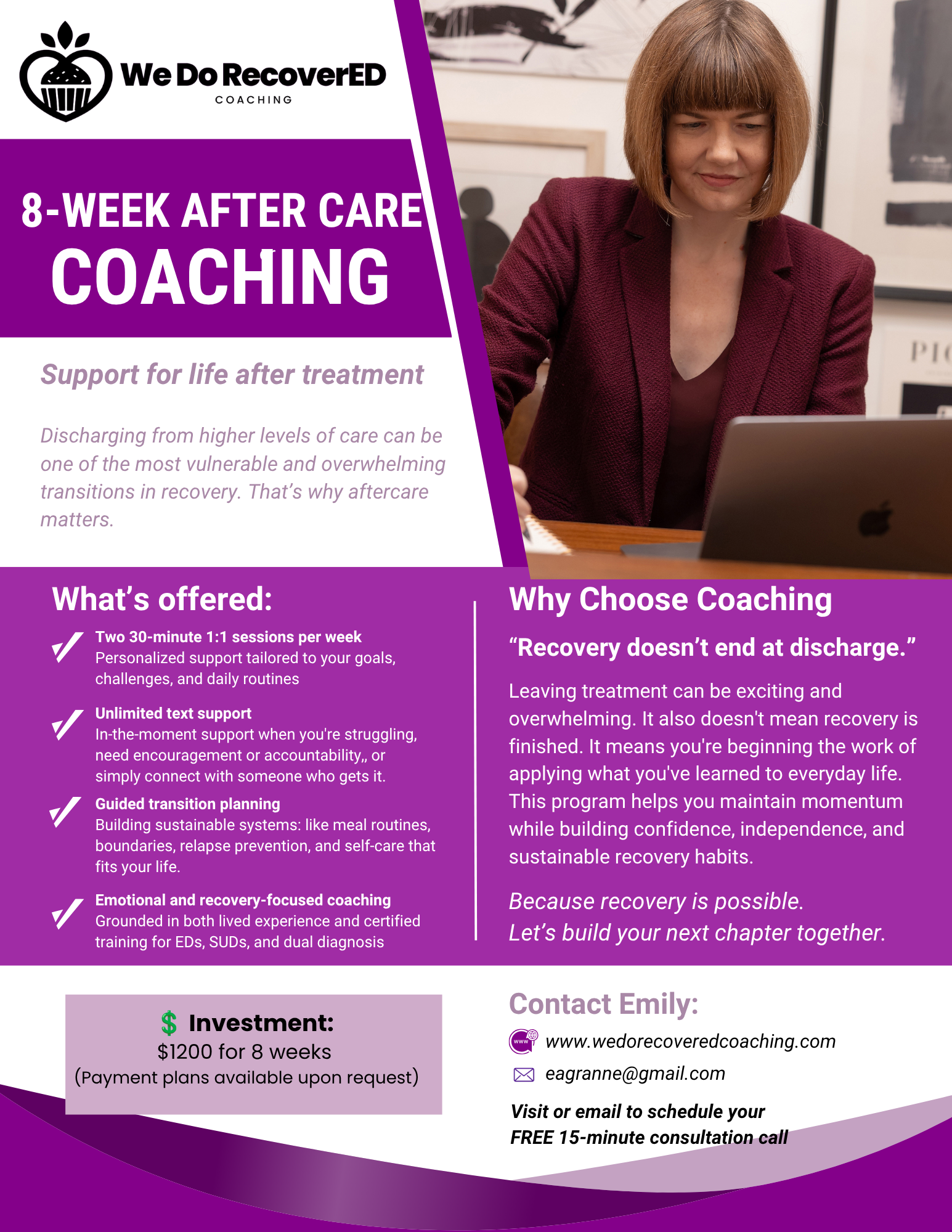 Flyer for 8-week aftercare coaching program by We Do RecoverED, showing Emily Grannemann working on a laptop. The flyer details the program's offerings, reasons to choose coaching, and contact information for scheduling a consultation.