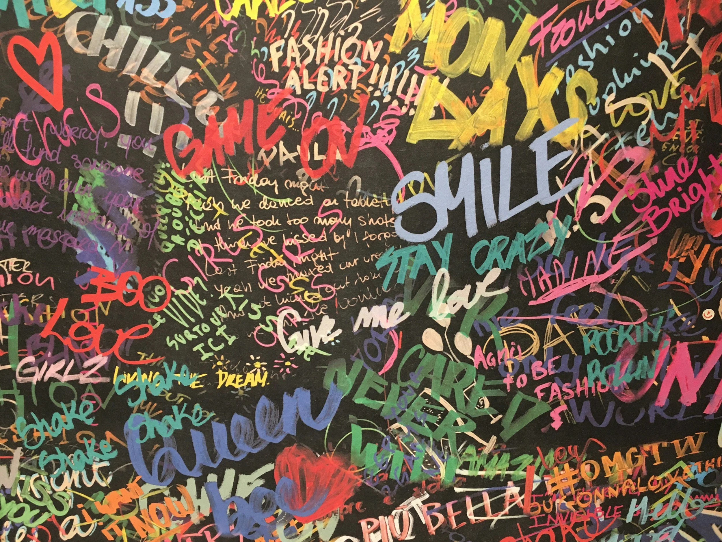 A wall of many words in street art