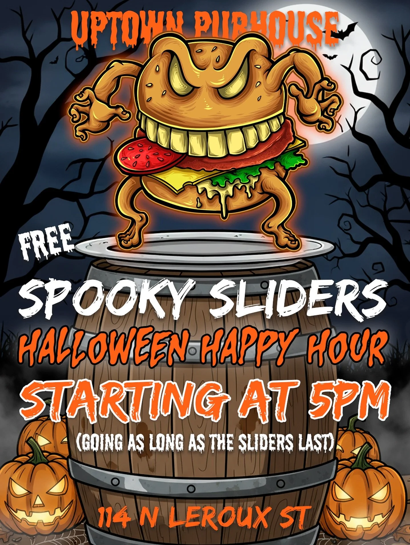 🎃👻 𝗛𝗮𝗽𝗽𝘆 𝗛𝗮𝗹𝗹𝗼𝘄𝗲𝗲𝗻 𝗳𝗿𝗼𝗺 𝗨𝗽𝘁𝗼𝘄𝗻 𝗣𝘂𝗯𝗵𝗼𝘂𝘀𝗲!👻🎃

Tonight&rsquo;s the night and our 𝗦𝗽𝗼𝗼𝗸𝘆 𝗙𝗿𝗲𝗲 𝗦𝗹𝗶𝗱𝗲𝗿 𝗙𝗿𝗶𝗱𝗮𝘆 is creeping back onto the patio starting at 𝟱𝗣𝗠! 🍔💀

Come check out our 𝗦𝗽𝗼𝗼𝗸?