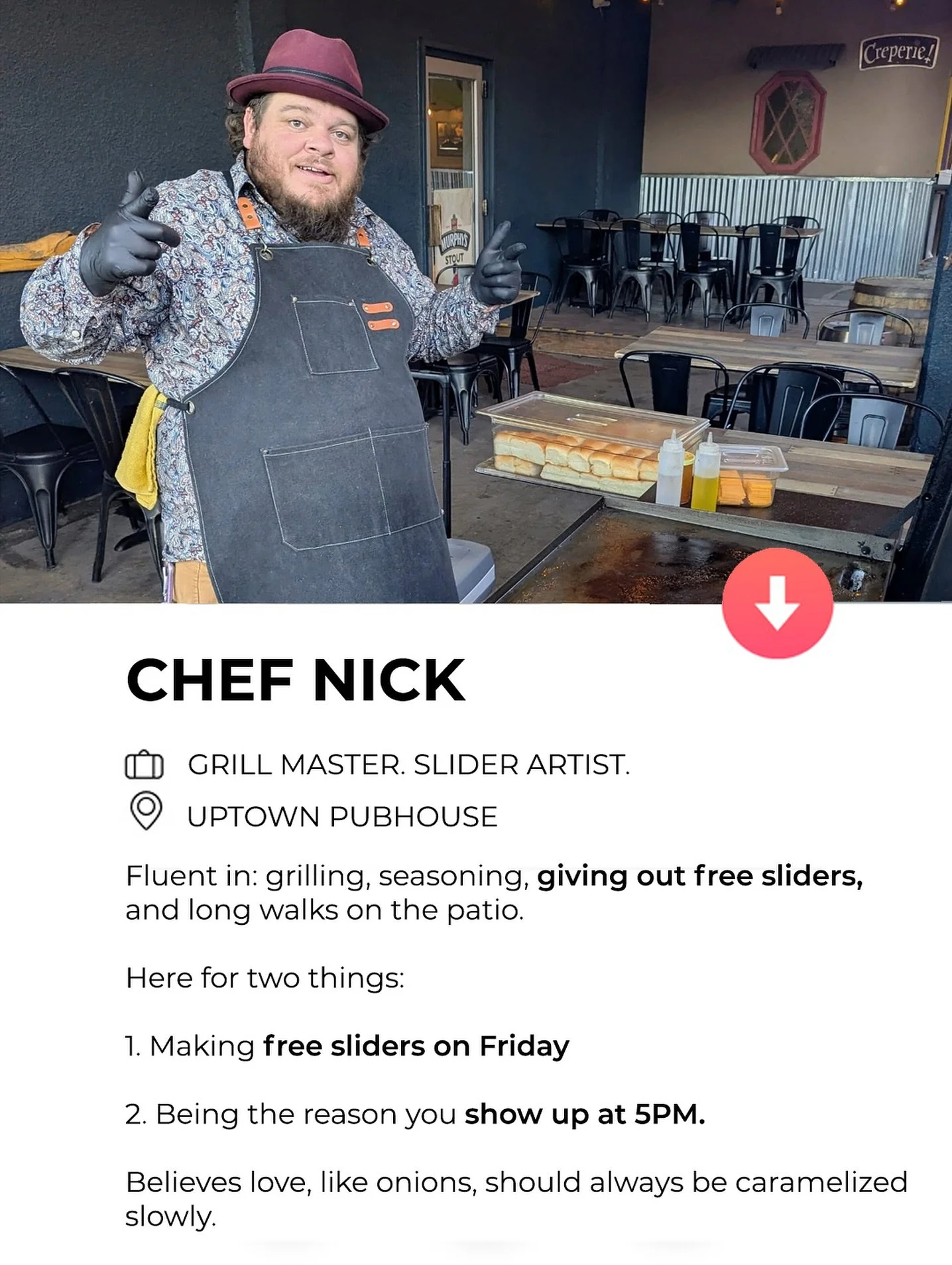 🔥🍔 𝗠𝗲𝗲𝘁 𝗖𝗵𝗲𝗳 𝗡𝗶𝗰𝗸: 𝗚𝗿𝗶𝗹𝗹 𝗠𝗮𝘀𝘁𝗲𝗿 𝗘𝘅𝘁𝗿𝗮𝗼𝗿𝗱𝗶𝗻𝗮𝗶𝗿𝗲 🔥

The best part about 𝗙𝗿𝗲𝗲 𝗦𝗹𝗶𝗱𝗲𝗿 𝗙𝗿𝗶𝗱𝗮𝘆 𝗛𝗮𝗽𝗽𝘆 𝗛𝗼𝘂𝗿? Sure, the sliders are delicious&hellip; but let&rsquo;s be honest, it&rsquo;s 𝗖𝗵𝗲