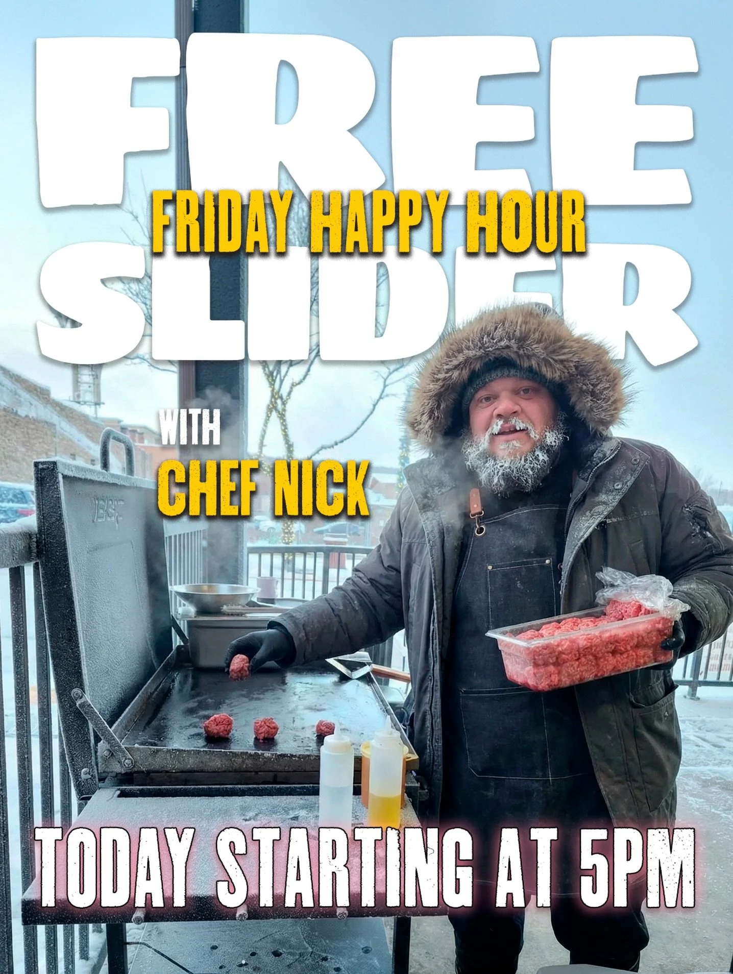 🍔❄️ 𝗙𝗿𝗲𝗲 𝗦𝗹𝗶𝗱𝗲𝗿 𝗙𝗿𝗶𝗱𝗮𝘆 𝗶𝘀 𝗯𝗮𝗰𝗸! ❄️🍔

It may be cold outside, but these little sliders will warm you right up. Chef Nick will be on the patio starting at 𝟱𝗣𝗠, handing out free sliders while supplies last.

Grab your slider, 
