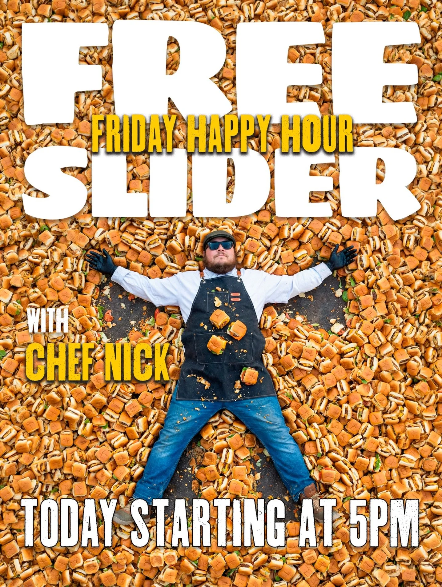🍔🔥 Free Slider Friday is TODAY! 🔥🍔

Chef Nick is on the patio starting at 5PM, slinging free Old School sliders. One per person, while supplies last.

Get here early. These go fast.