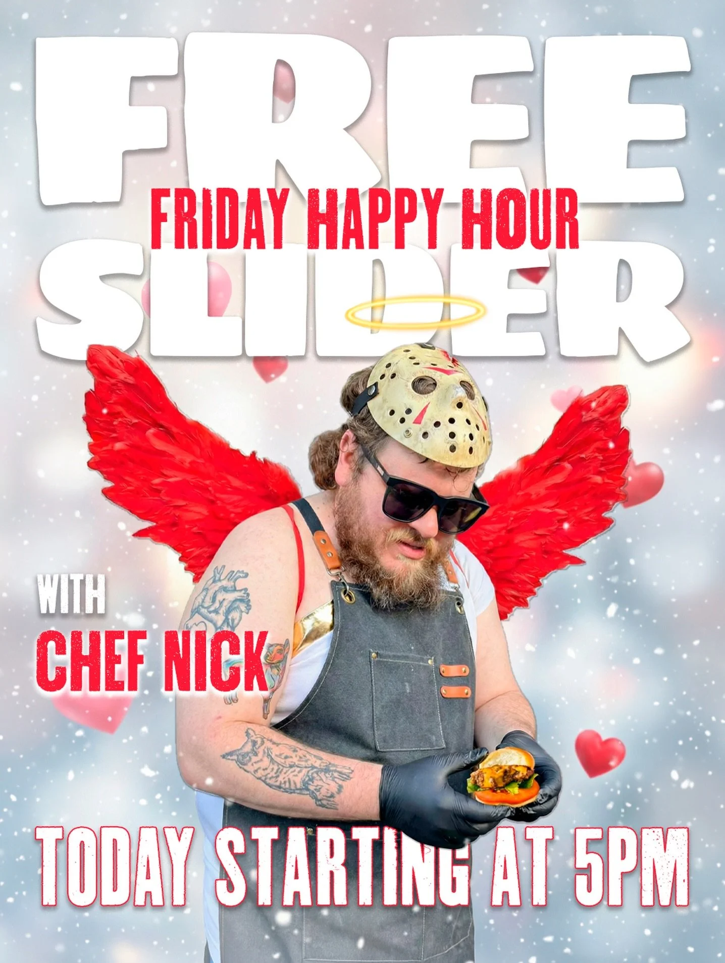 💘❄️ Bad luck? Snow? Valentine&rsquo;s pressure? That calls for Free sliders. 

Luckily, Cupid Nick is unfazed. He&rsquo;ll be on the patio starting at 5PM, dressed for the occasion and slinging free sliders made with love. One per person, while supp