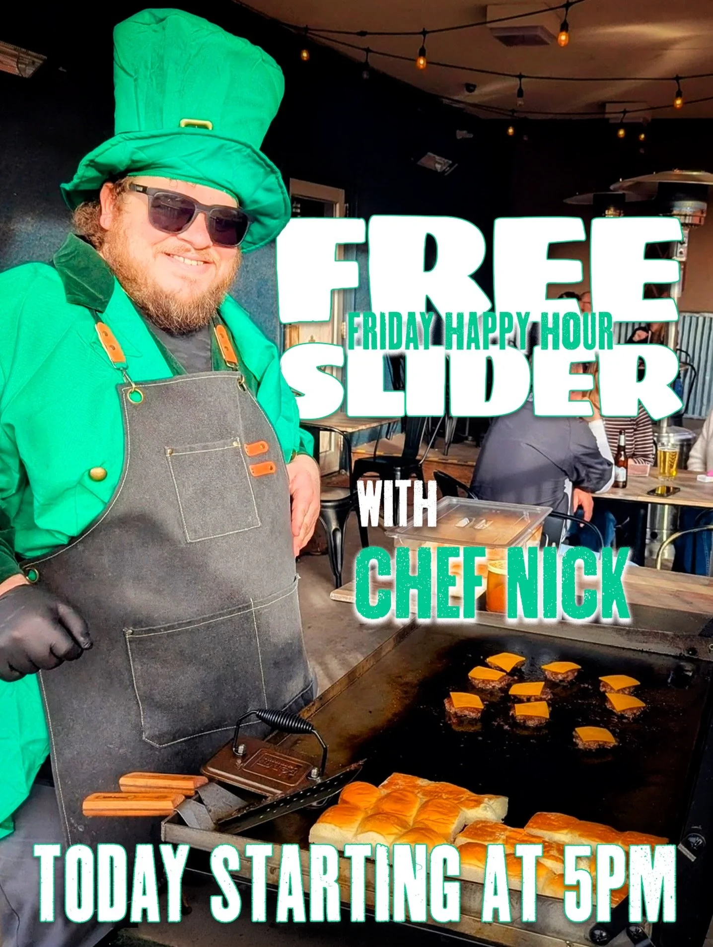 ☘️🍔 It&rsquo;s First Friday. It&rsquo;s March. And Free Slider Friday is back.

Chef Nick will be out on the patio starting at 5PM, spreading a little luck and a little gold. By gold we mean sliders.

Downtown is buzzing, the art walk is on, and the
