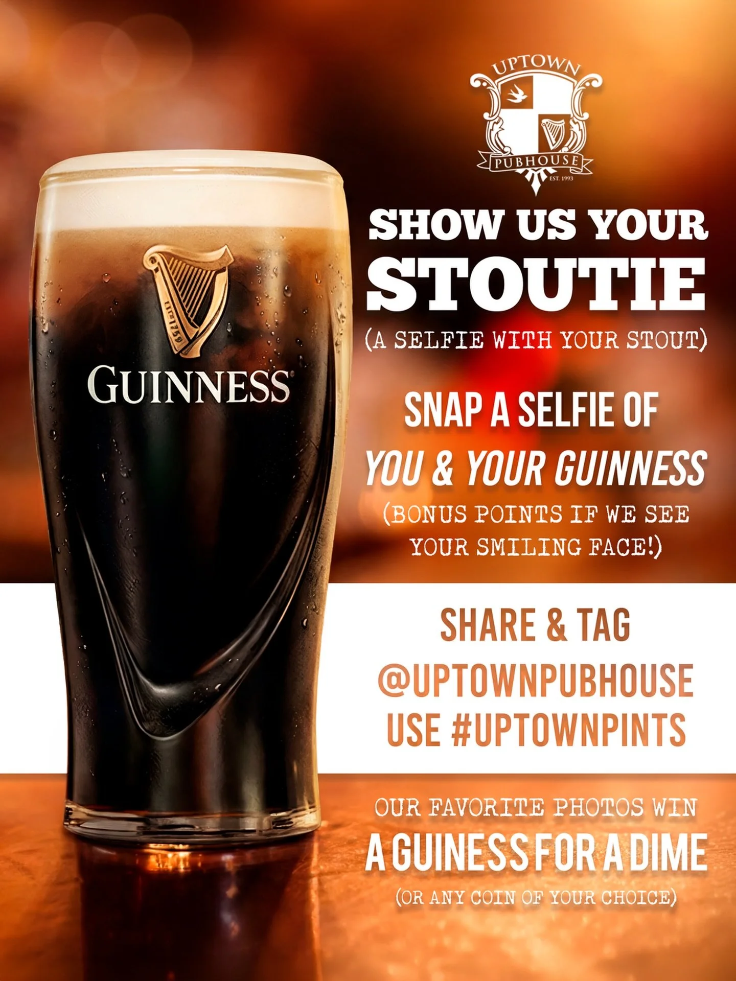 ☘️🍺 Show us your Stoutie&hellip; and don&rsquo;t forget the smile. 😄

We want to see you and your Guinness. The pint is great, but the smiling face makes it even better.

Snap your Stoutie, tag @uptownpubhouse, and use #UptownPints for your chance 