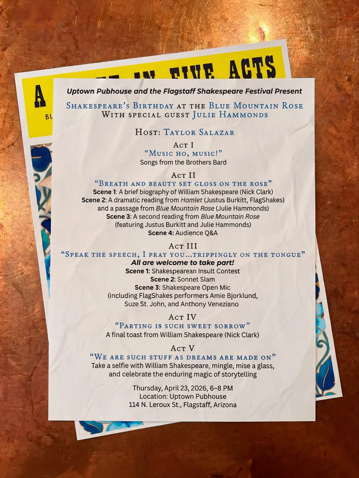 🎭✨ This week! Thursday, April 23 from 6&ndash;8PM at Uptown Pubhouse.

Shakespeare&rsquo;s Birthday is almost here&hellip; and this is not your typical night out.

The stage belongs to you.

We&rsquo;ll open with music and performances, move into dr