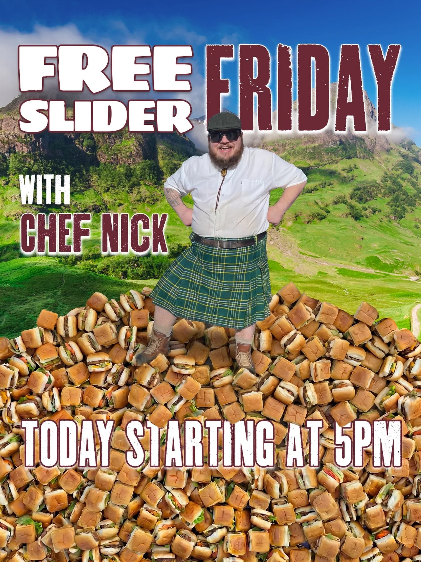 🍔🥃 Chef Nick is back from Scotland just in time for Free Slider Friday!

He&rsquo;s fresh off his international adventure and ready to get back on the patio slinging free sliders for all you lovely people.

⏰ Starting at 5PM
🍔 One per person
🔥 Wh