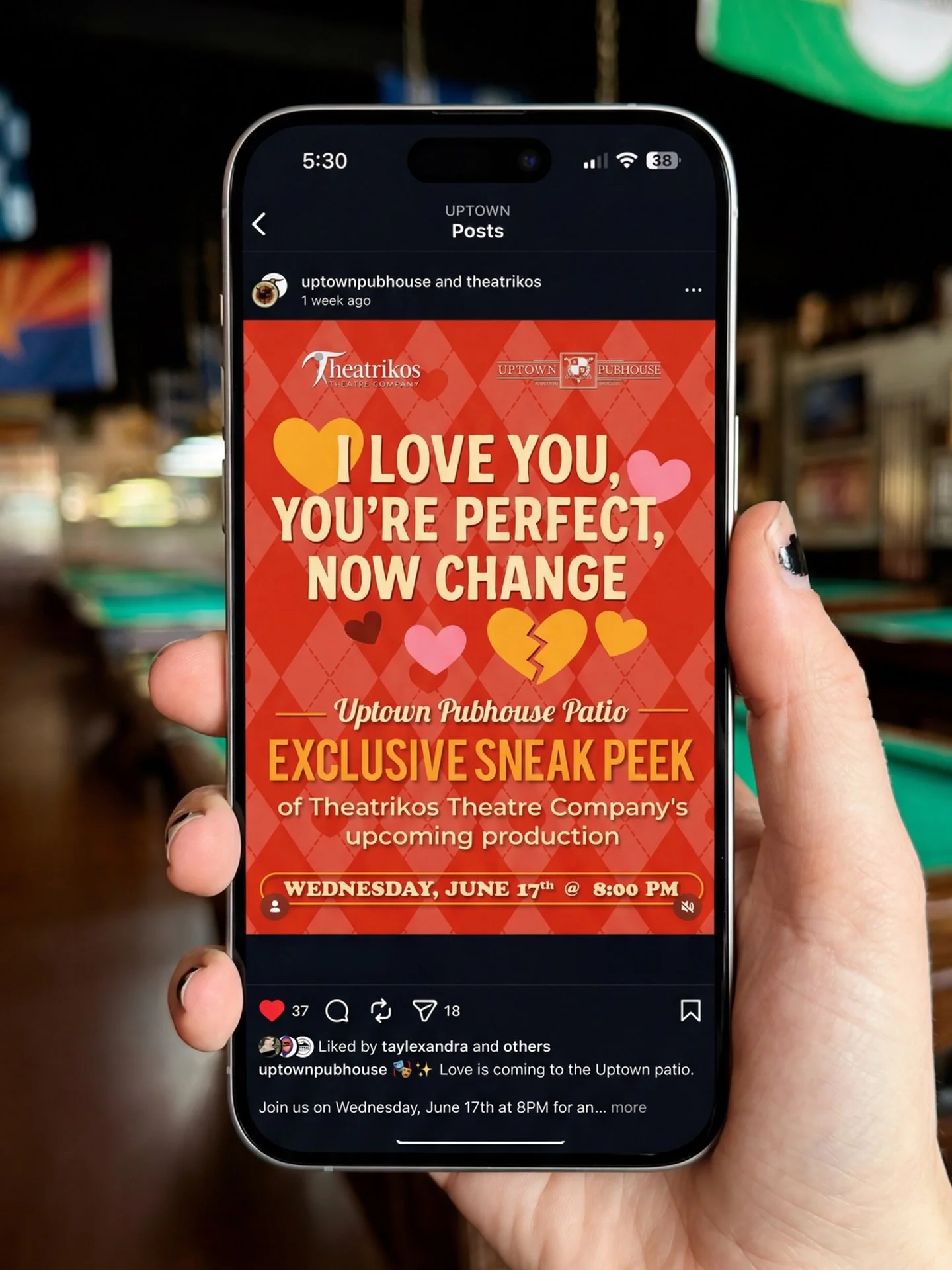 🎭❤️ I Love You, You&rsquo;re Perfect, Now Change is THIS WEDNESDAY!

Join us on the Uptown patio on Wednesday, June 17 at 8PM for an exclusive sneak peek of Theatrikos&rsquo; upcoming production before it opens in July.

This hilarious and heartwarm
