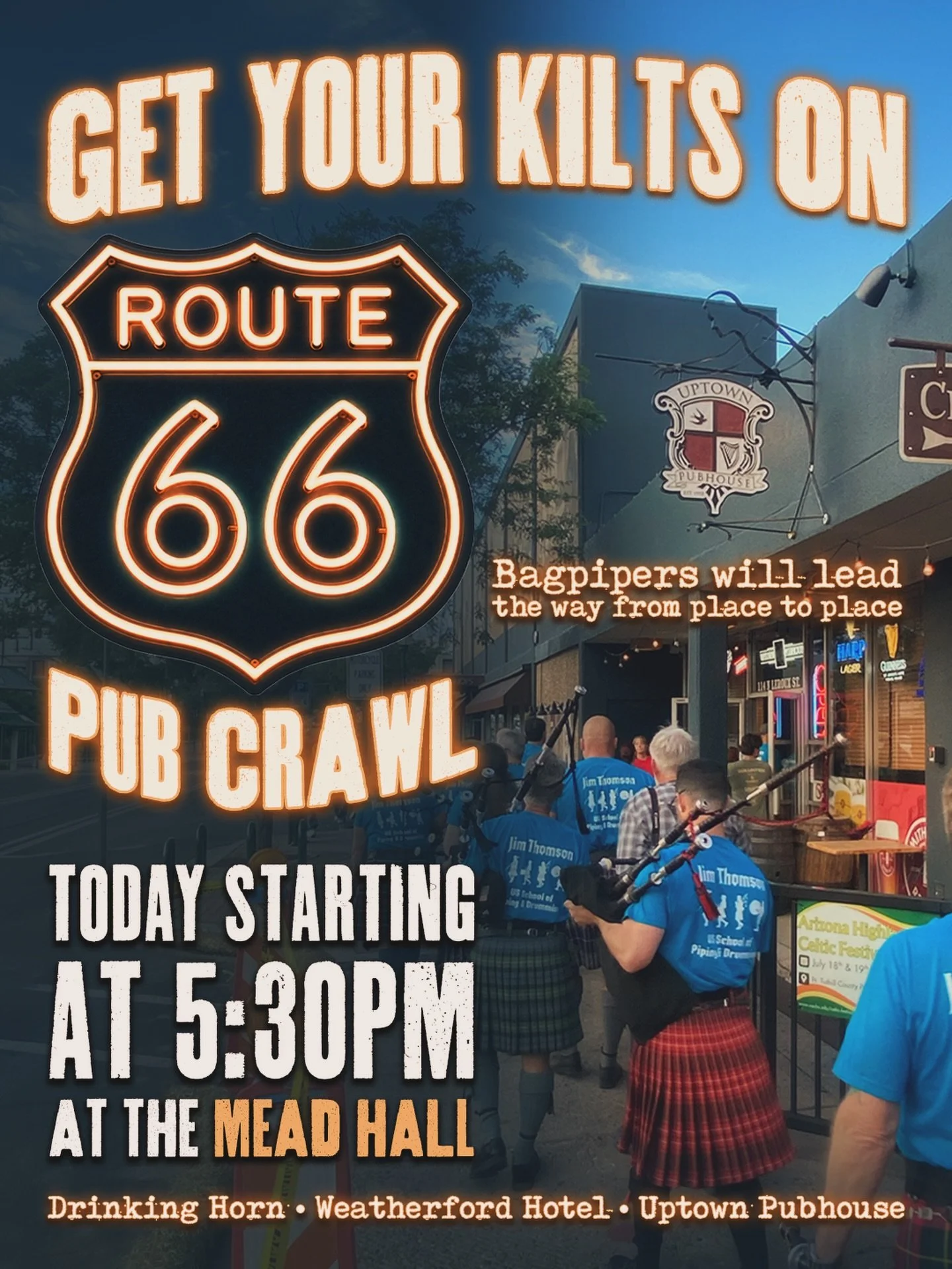 ☘️🍻 Get Your Kilts on Route 66 Pub Crawl is tonight!

The bagpipers are leading the way through downtown Flagstaff for a Celtic Week crawl you won&rsquo;t want to miss brought to you by @northernazcelts

The fun starts at 5:30PM at @drinkinghornmead