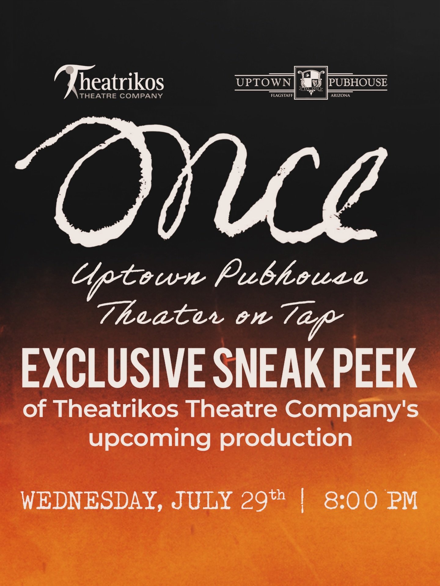 🎶 Theater on Tap: An Exclusive Preview of Theatrikos Theatre Company&rsquo;s &ldquo;Once&rdquo;

Join us on Wednesday, July 29 at 8PM for a special sneak peek preview of Once, Theatrikos Theatre Company&rsquo;s upcoming musical production.

From the