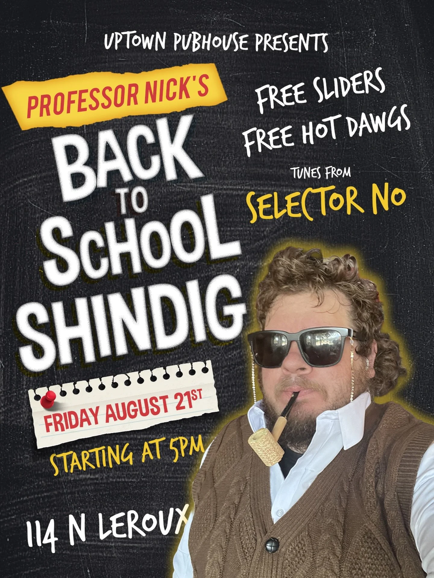 📚🍻 Professor Nick&rsquo;s office hours are this Friday.

Report to the Uptown patio at 5PM for a Back to School Shindig featuring free Old School sliders, free hot dawgs, and a lesson plan we can all get behind.

Selector NO will be spinning his ow