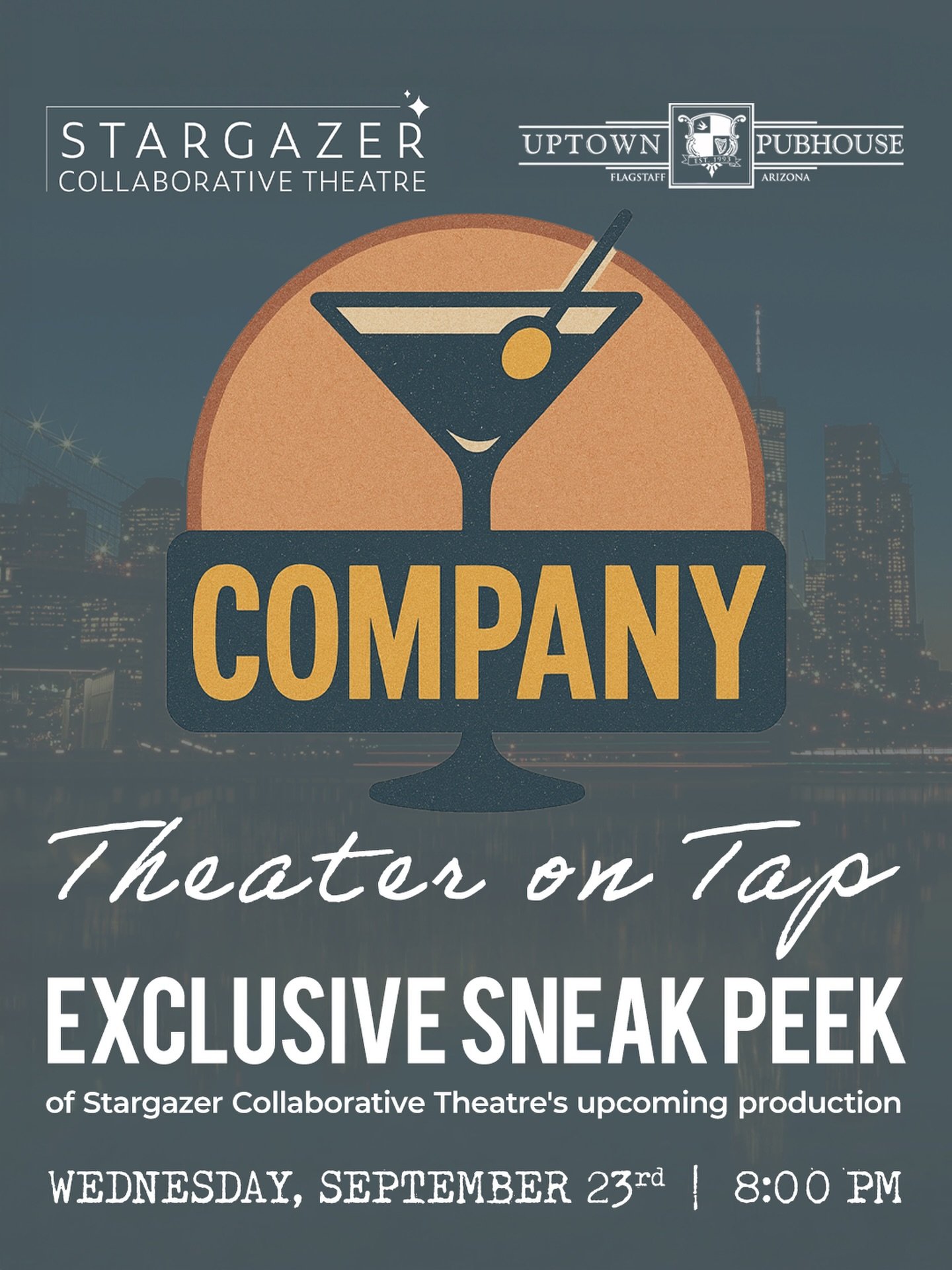 Join us on the Uptown Pubhouse patio for another evening of Theater on Tap on the Blue Mountain Rose stage.

On Wednesday, September 23 at 8PM, players from Stargazer Collaborative Theater will perform selected scenes from Stephen Sondheim&rsquo;s Co