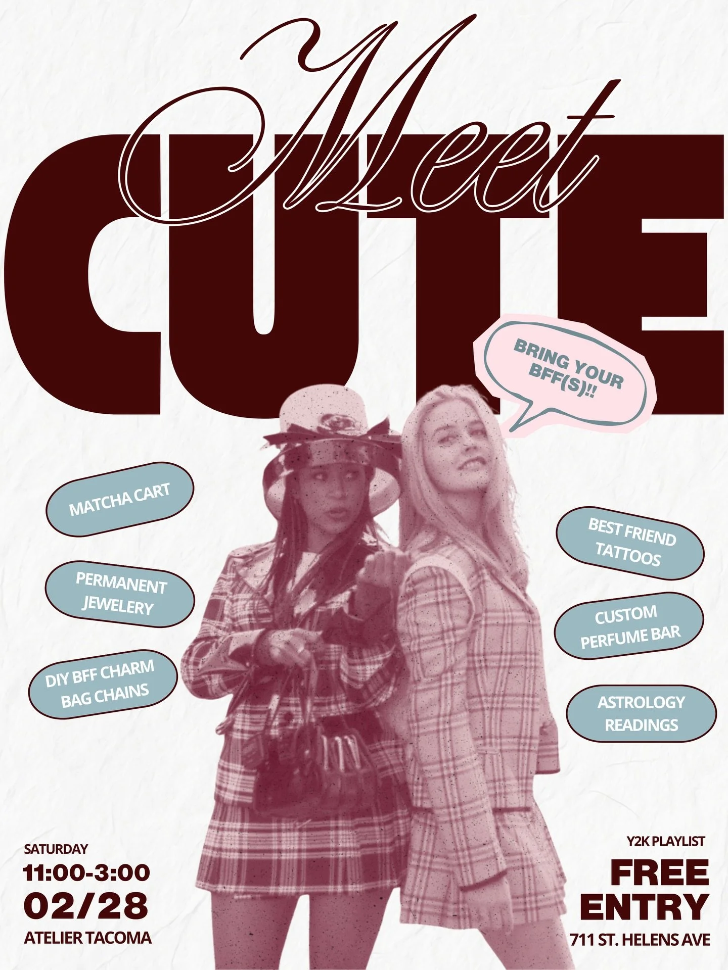 Meet Cute at Atelier Tacoma 💋 

an afternoon for new connections, best friend hangs, and an excuse to get dressed up for no reason.

Come solo or bring your favorite person (or three!)

FEATURING
- Perfumery bar by @defiantcandleco 
- Tiny best frie