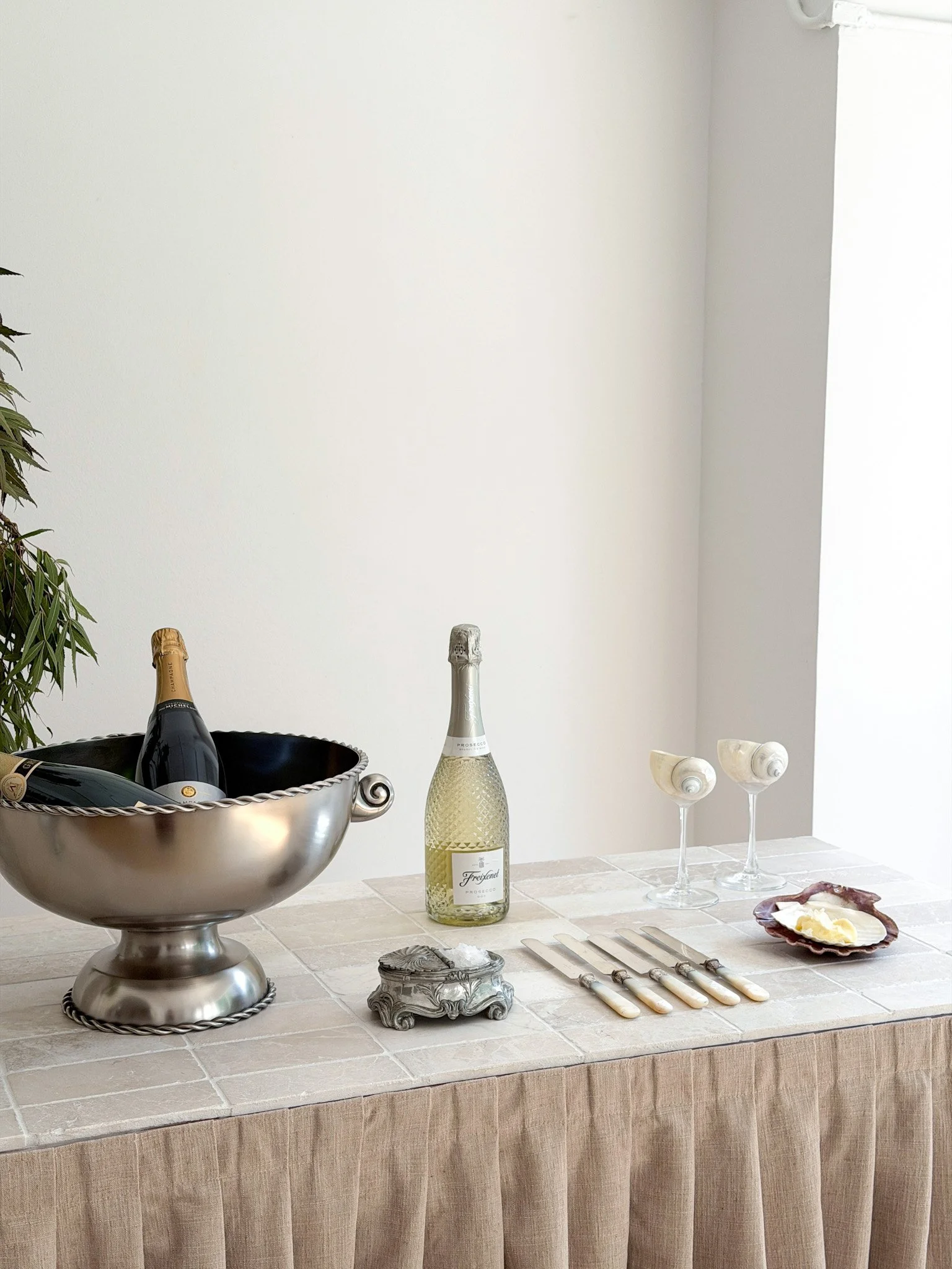 2 Custom marble tile top tables with fabric skirting on wheels | 72" x 24" and 34" High. perfect for food, drinks or as cocktail tables
