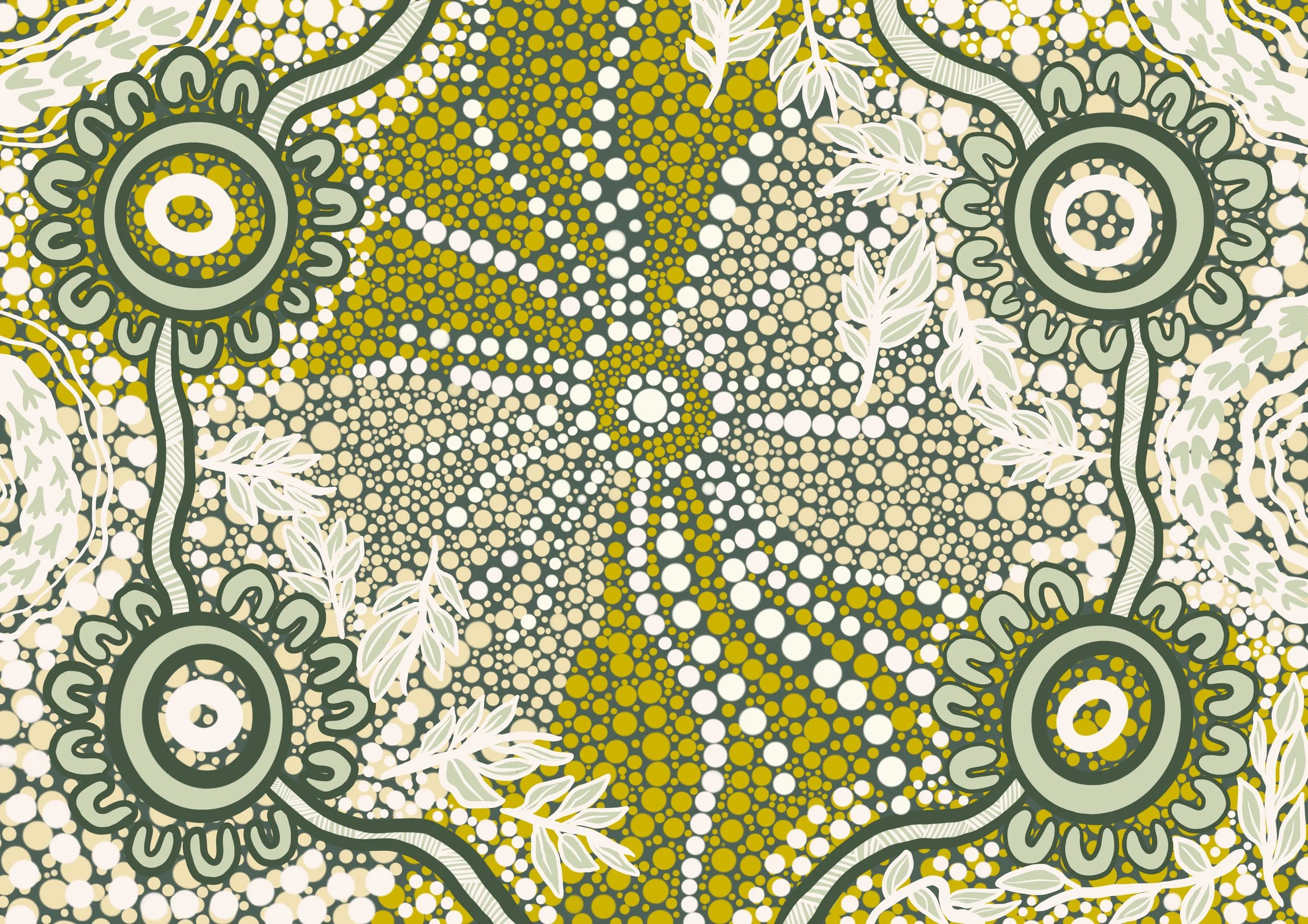 Abstract dotted pattern with circular and floral designs in shades of green, yellow, and white.