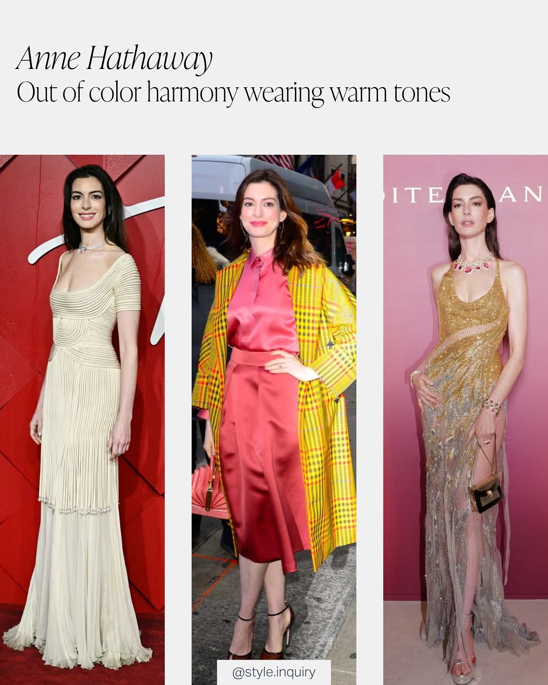 Color analysis can make the difference between looking pale, out of focus, and theatrical ➡️ to looking bright, focused, and harmonious. 

It&rsquo;s almost shocking how much better Anne Hathaway looks in her harmonious cool &amp; bright colors. Comp