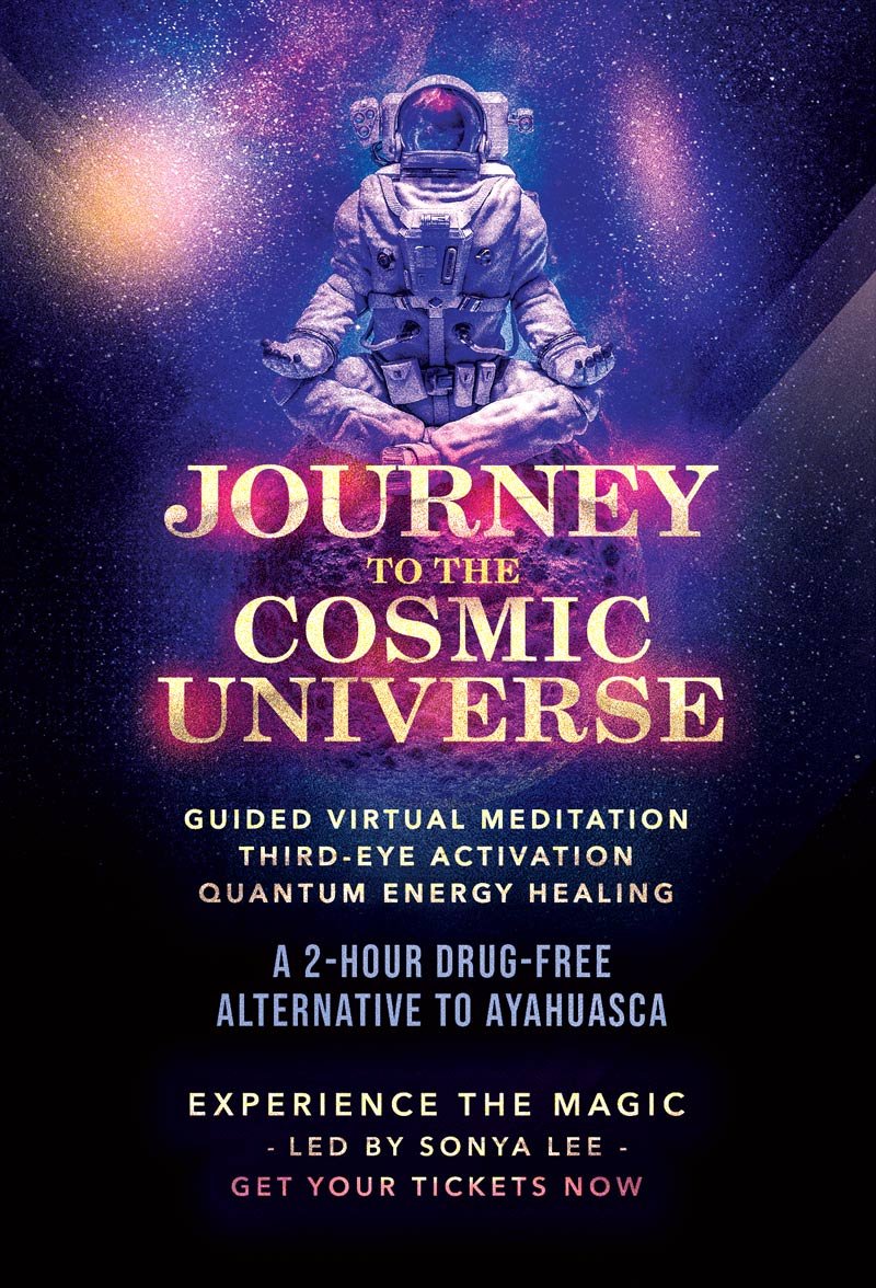 A promotional poster for a guided virtual meditation titled "Journey to the Cosmic Universe" featuring an astronaut in a meditative pose floating through space with a colorful galaxy background. The poster includes details about the meditation's features and a call to action to buy tickets.