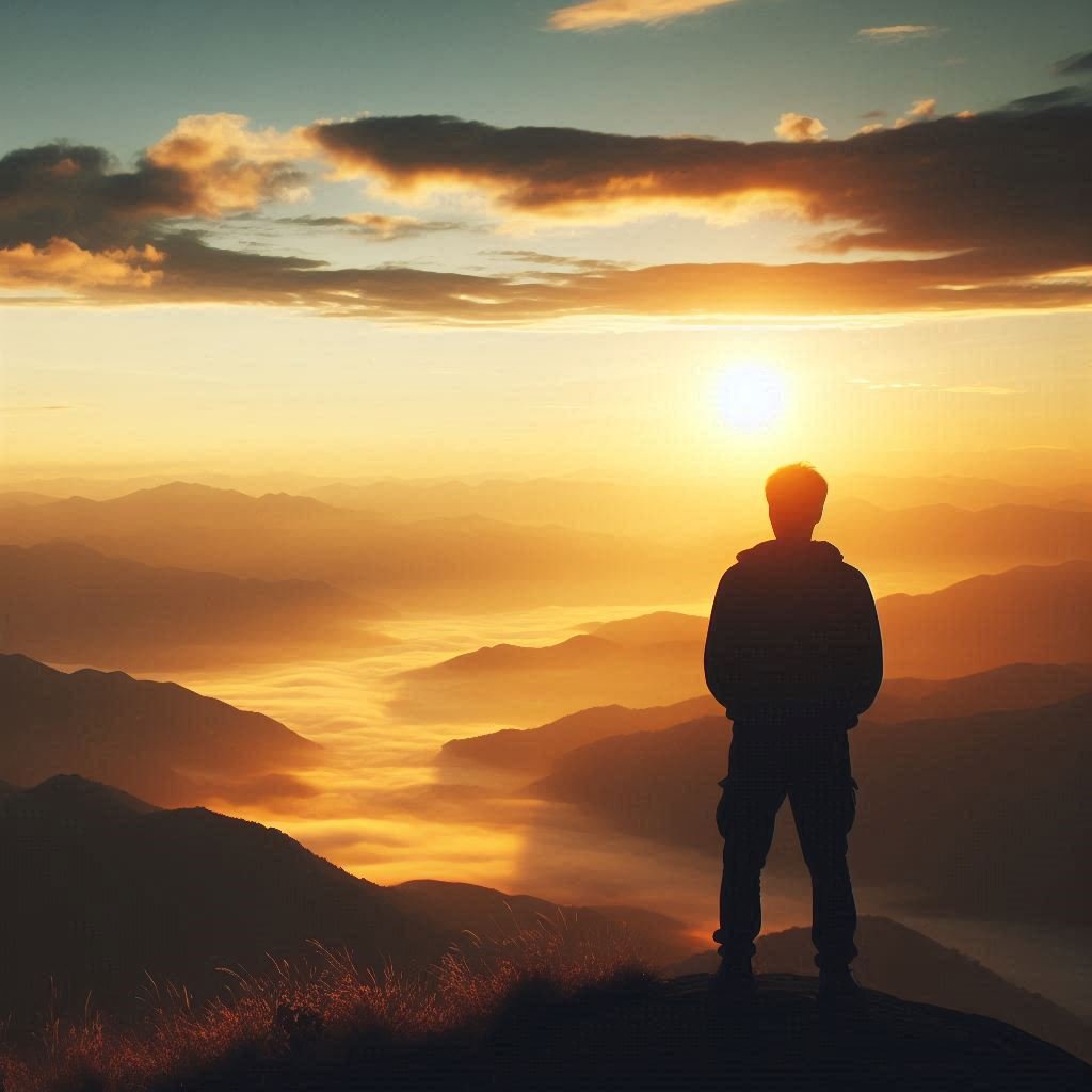 A person standing on a mountain at sunrise or sunset, overlooking a valley filled with fog, with clouds in the sky and the sun near the horizon.