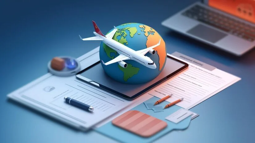 A tablet displaying a globe with an airplane flying around it, surrounded by documents, pens, a laptop, and a small round object, depicting travel and work planning.