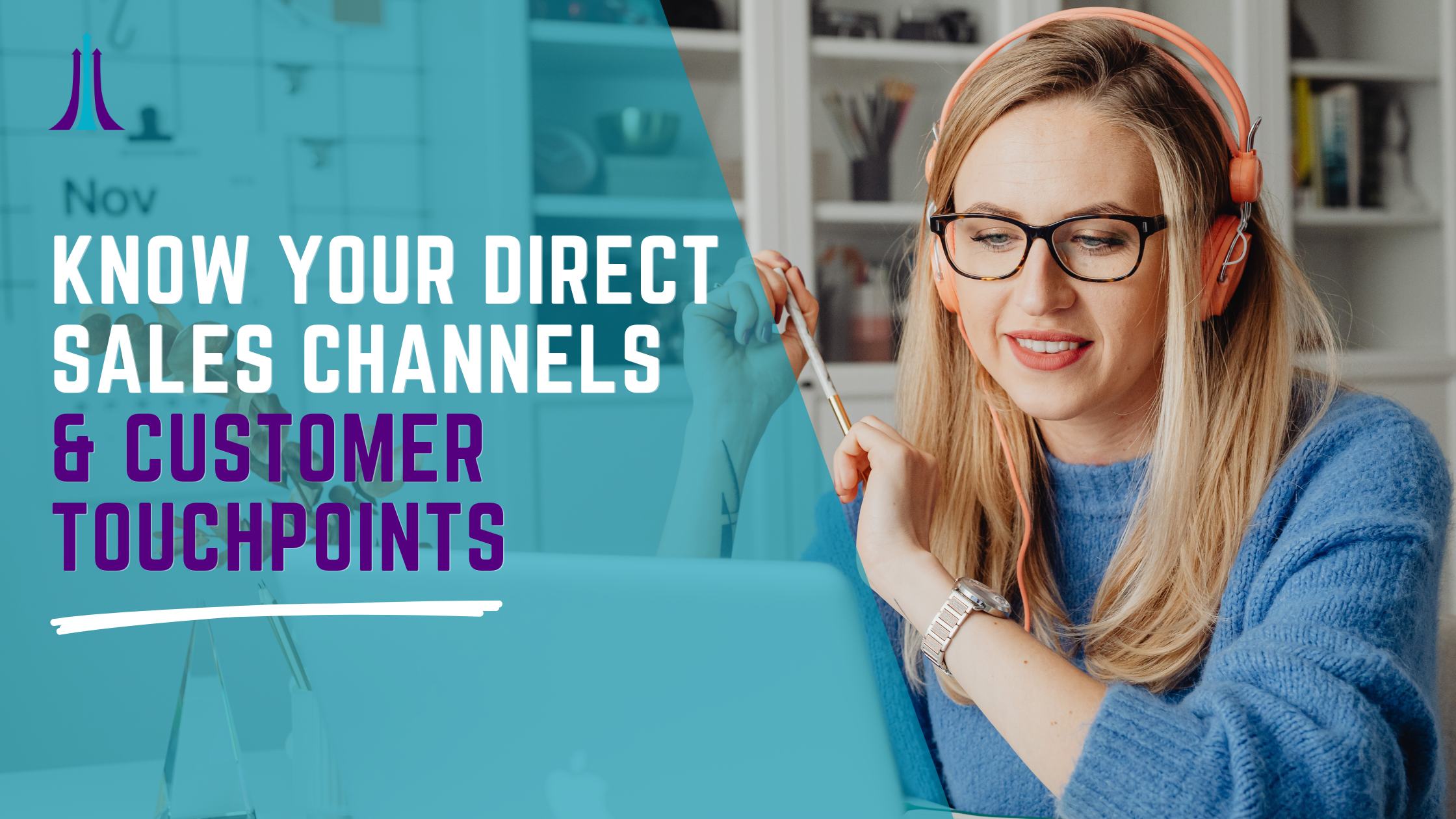 A woman with blonde hair and glasses wearing a blue sweater, sitting at a desk with a laptop, holding a pen, and wearing pink headphones, in a bright, modern office with shelves in the background.