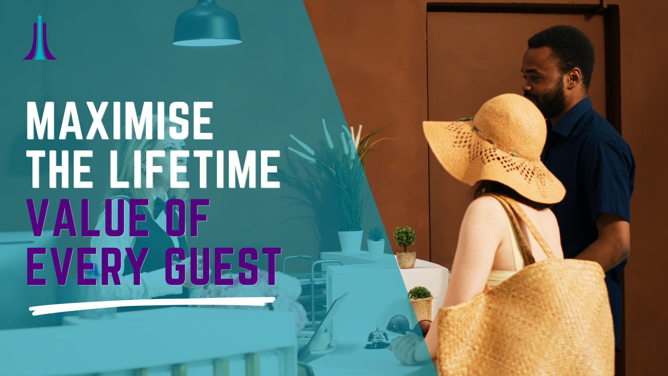 A hotel reception with a receptionist behind the desk and a travelling couple checking in. The purpose is to show teh lifetime value of a customer