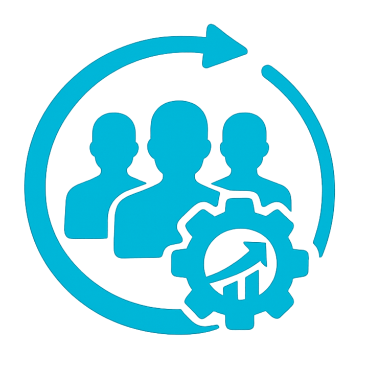 Silhouette of three people with a gear and arrow symbol, representing team management and growth.