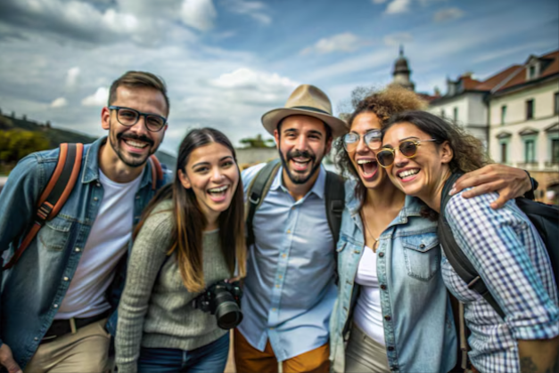 Group of five young friends smiling and posing outdoors, with a historic European town and cloudy sky in the background.