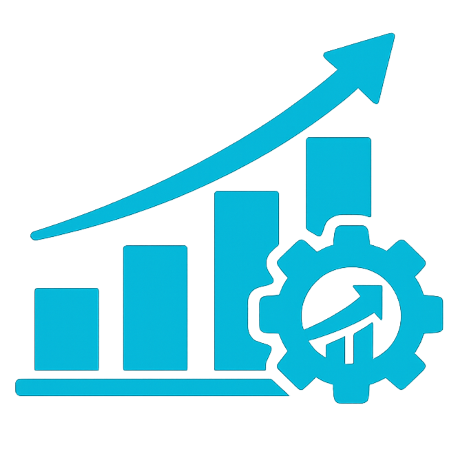 Blue bar chart with an upward trending arrow and a gear icon, representing growth and productivity.